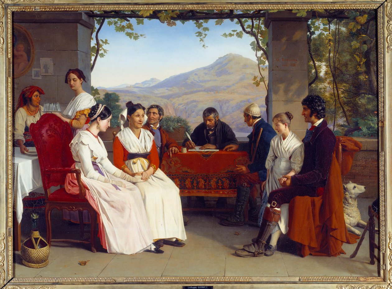 Italiensk Selskab: "" Ægteskabskontrakten i Italien i 1831"" Maleri af Guillaume Bodinier (1795-1872) 1831 Søn. 10x1,38 m af Guillaume Bodinier