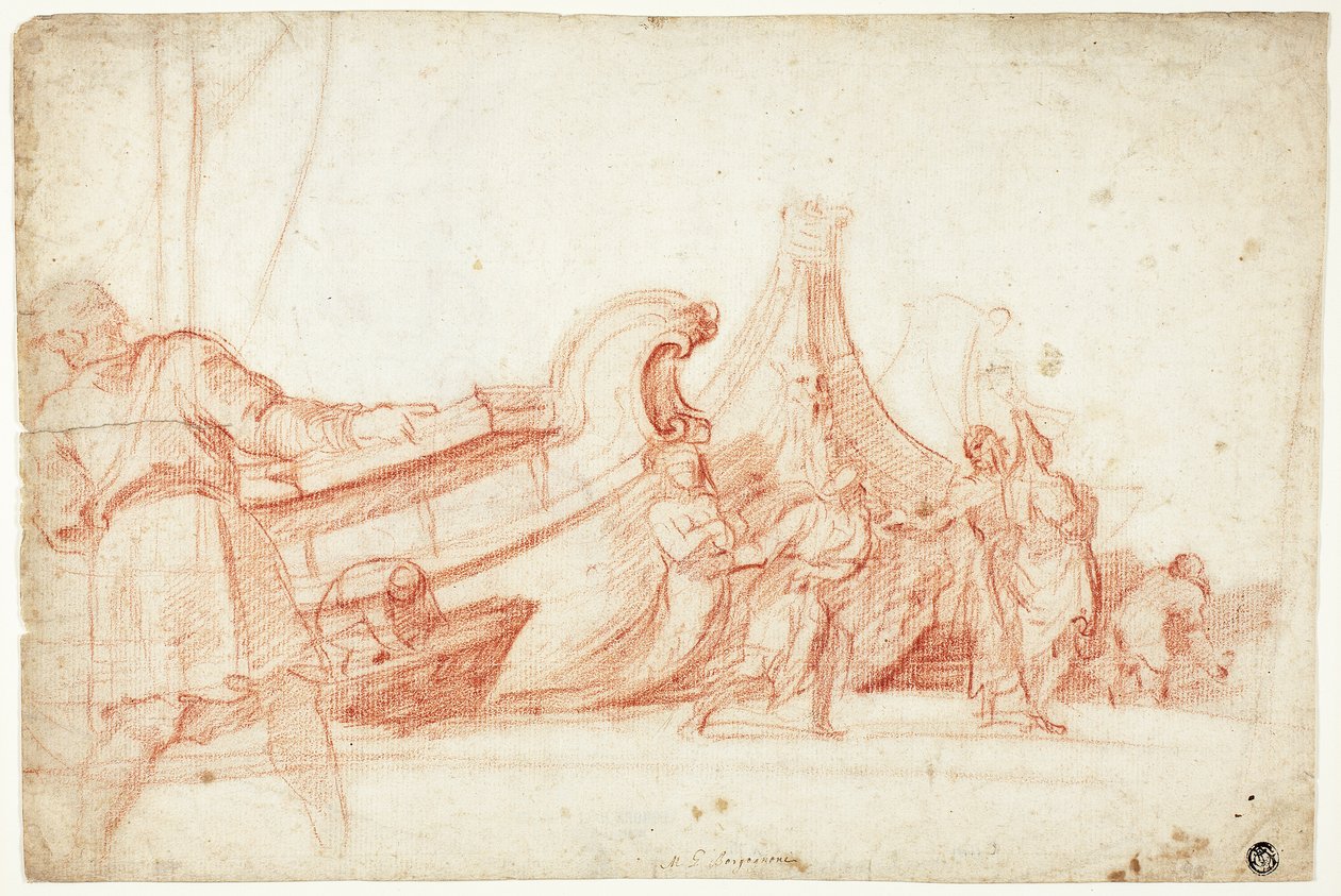 Havnescene (recto); To skitser af mandlige figurer (verso) af Guillaume Courtois