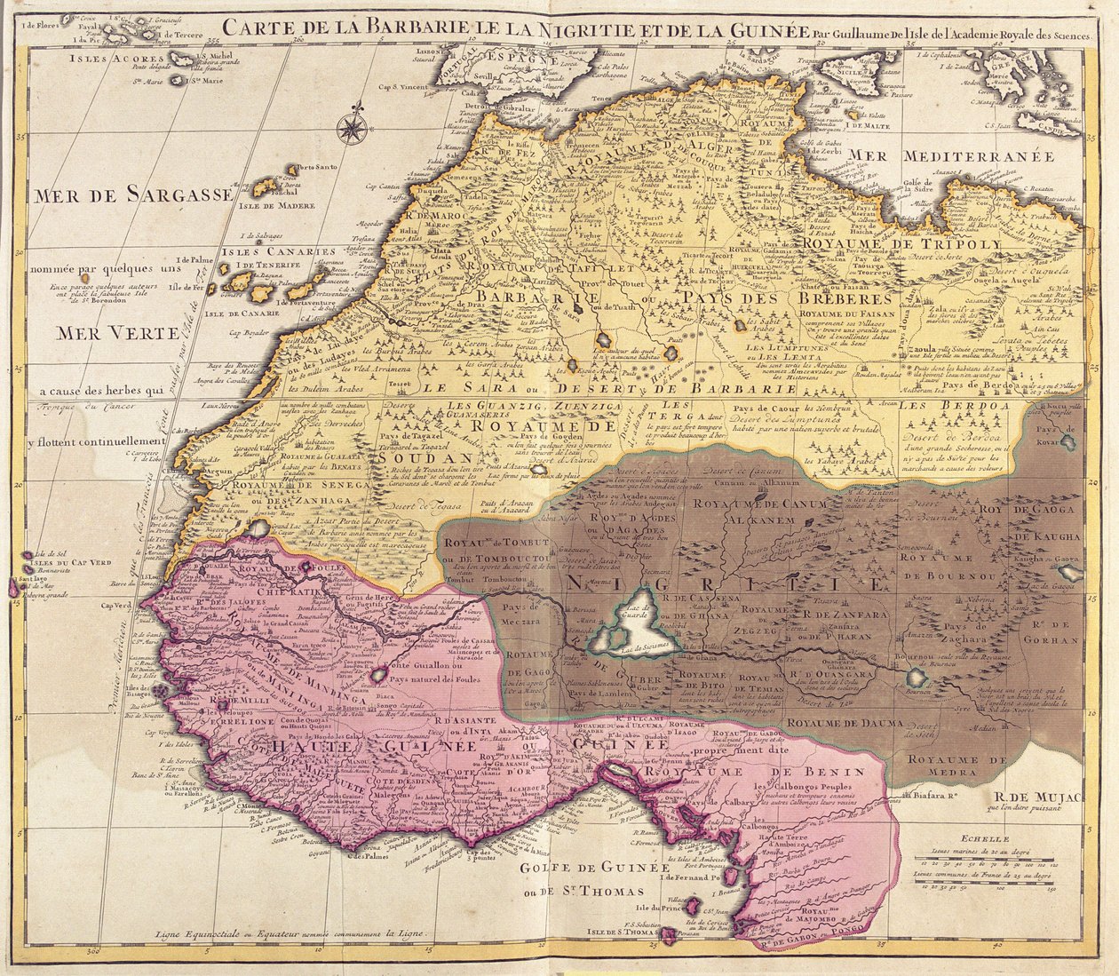 Kort over Barbaria (Marokko, Algeriet, Tunesien, Libyen), Nigritude (Mali, Burkina Faso, Niger) og Guinee (Senegal, Guinea, Sierra Leone, Liberia, Elfenbenskysten, Ghana, Togo, Benin, Nigeria) (radering) af Guillaume Delisle