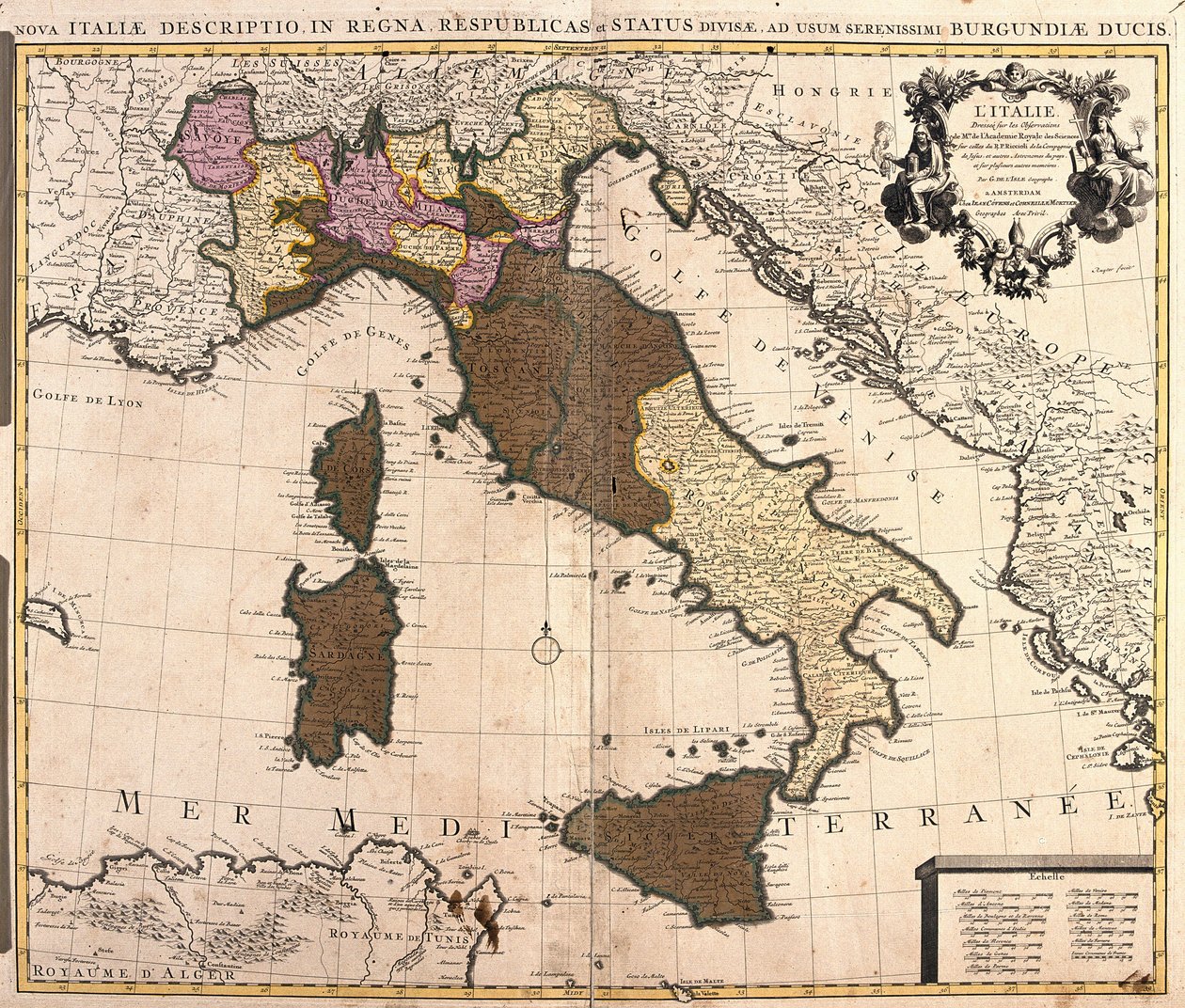 Kort over Italien med Korsika, Sardinien og Sicilien (radering af Guillaume Delisle