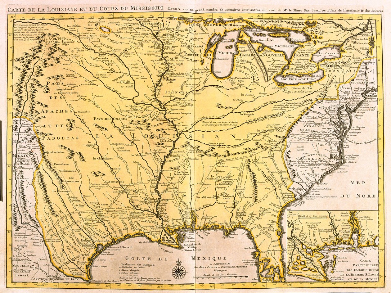 Kort over Louisiana (USA) og Mississippi-floden (radering af Guillaume Delisle