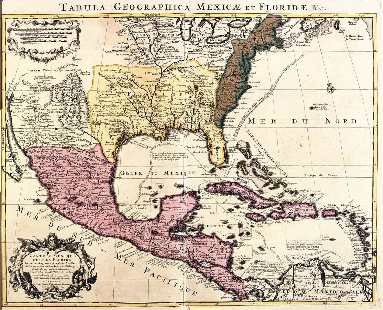 Kort over Mexico og Florida (USA) med de caribiske øer (Cuba, Haiti, Jamaica, Antiller) (radering af Guillaume Delisle