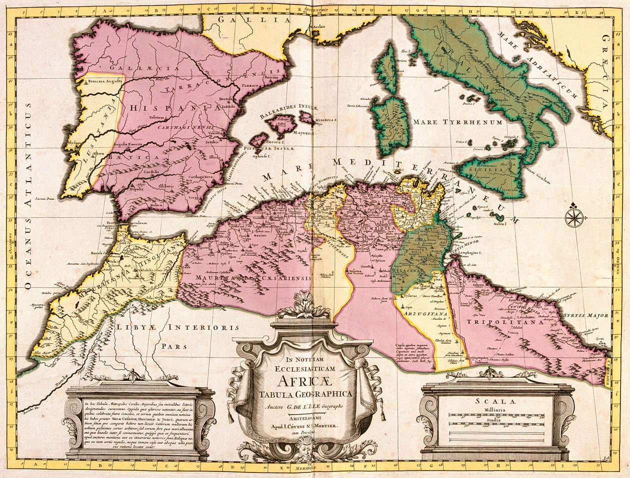 Kort over Nordafrika (Mauretanien, Marokko, Algeriet, Tunesien, Libyen) og Europa (Spanien, Portugal, Frankrig, Italien, Grækenland med Baleariske Øer, Sardinien, Korsika og Sicilien) (radering) af Guillaume Delisle