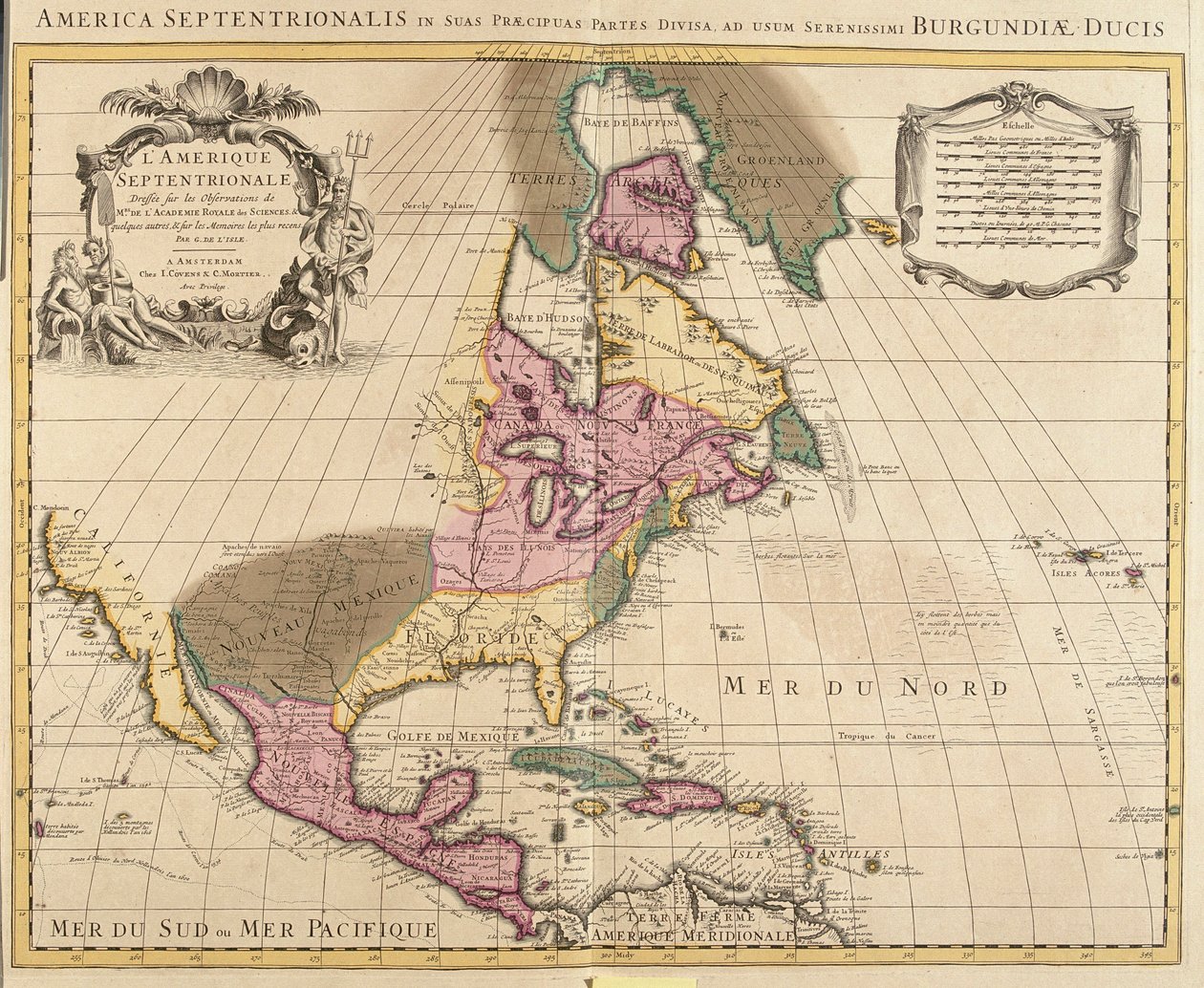 Kort over Nordamerika (Grønland, Canada, USA, Mexico og de caribiske øer: Cuba, Haiti, Jamaica, Vestindien) (radering af Guillaume Delisle