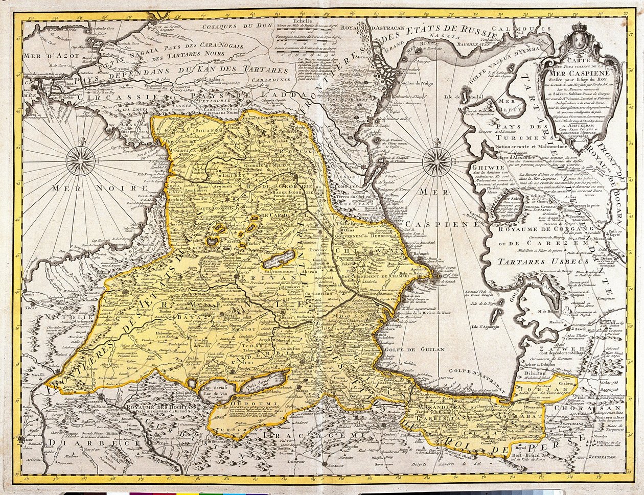 Kort over nabolandene i Det Kaspiske Hav (Rusland, Armenien, Persien, Kasakhstan, Turkmenistan) (radering) af Guillaume Delisle