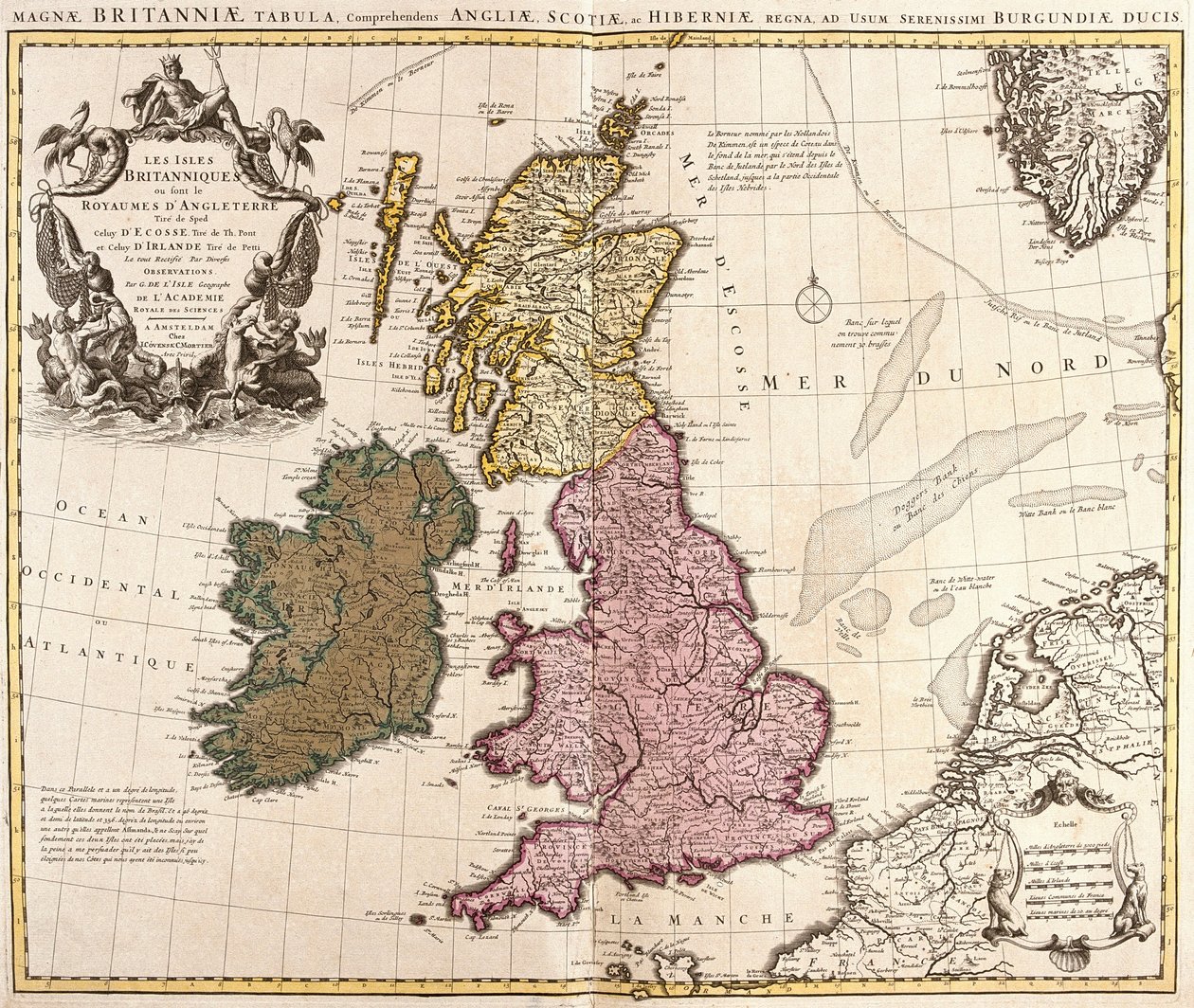 Kort over de britiske øer, kongerigerne England, Skotland og Irland (radering af Guillaume Delisle