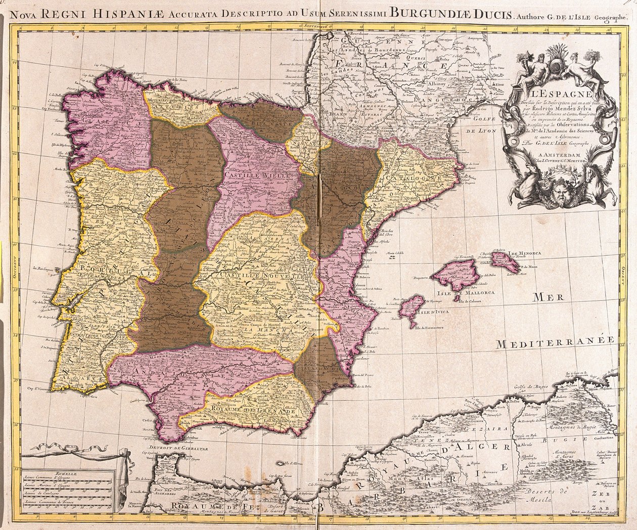 Kort over den iberiske halvø, Kongeriget Portugal og Spanien (radering af Guillaume Delisle