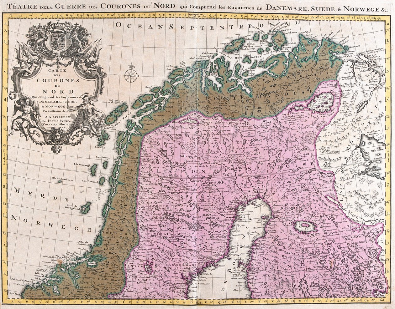 Kort over de nordiske lande, kongeriger i Danmark, Sverige og Norge (radering af Guillaume Delisle