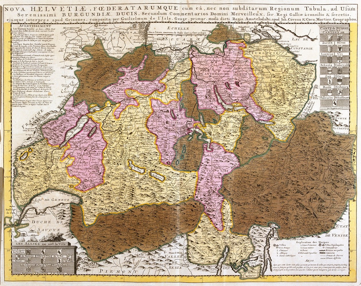 Kort over det schweiziske forbund (radering af Guillaume Delisle