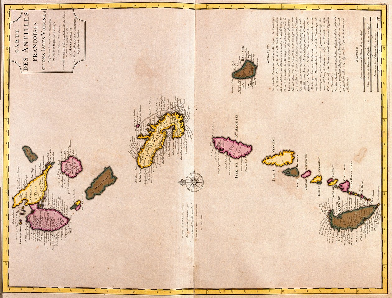 Kort over de caribiske øer (Guadeloupe, Marie Galante, Dominica, Martinique, Saint Lucia, Saint Vincent, Barbados, Grenadinerne og Grenada) (radering af Guillaume Delisle