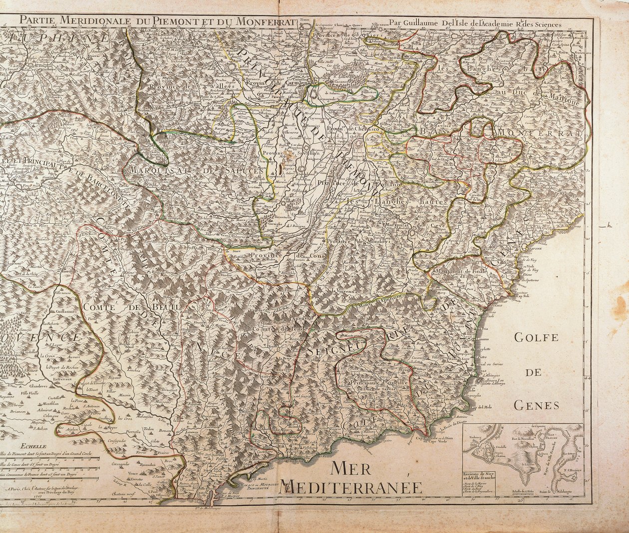 Sydlige Piemonte-region, Monferrato og Vestligurien-regionen. Kort af Guillaume de l
