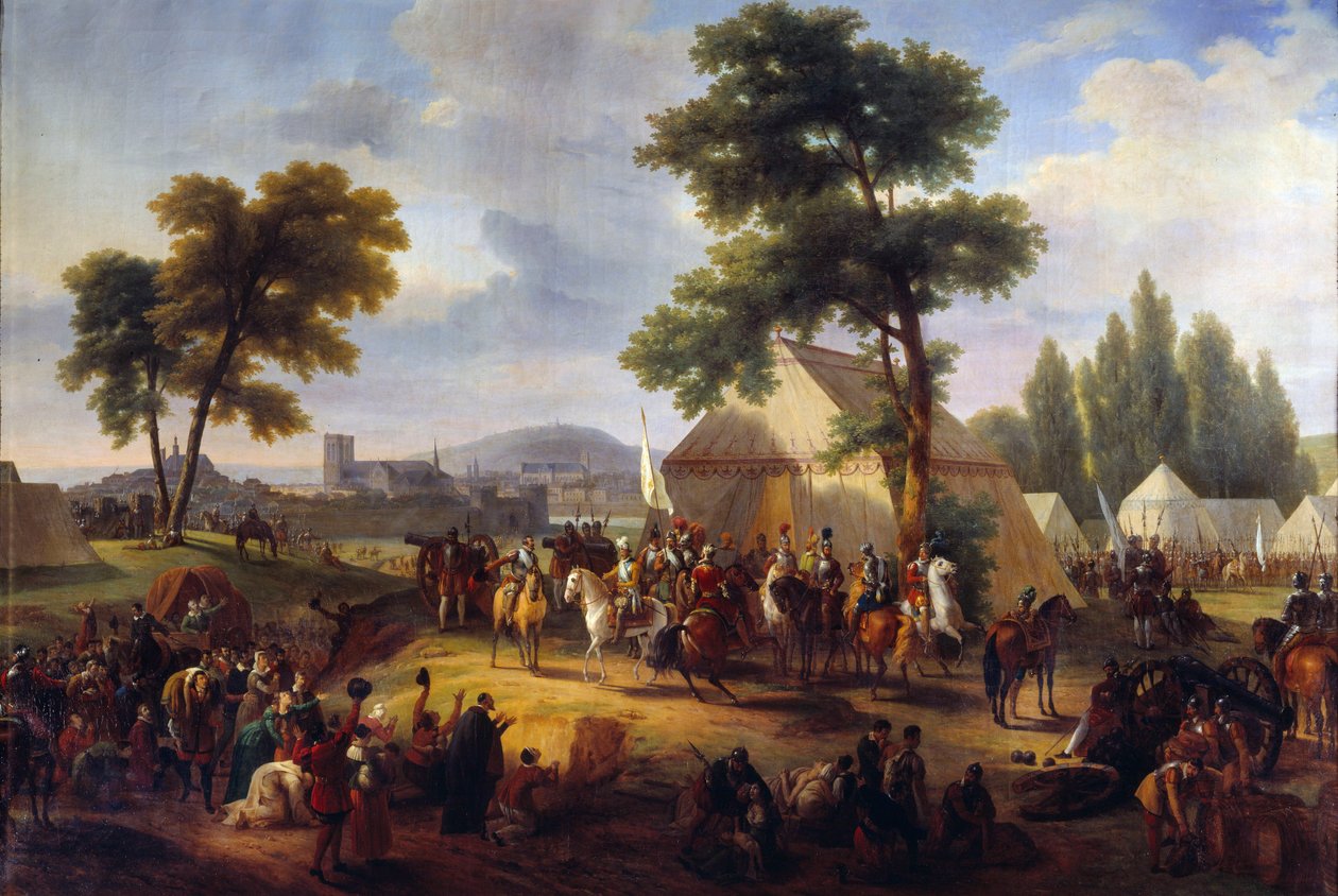 Religionskrig: "" Kong Henrik IV (1553-1610) nær Paris under belejringen af byen i 1590 leverer sultende parisere"" Maleri af Frederic Ronny (1786-1854) Rouen fra 1800-tallet, Musee des Beaux Arts af Guillaume Frederic Ronmy