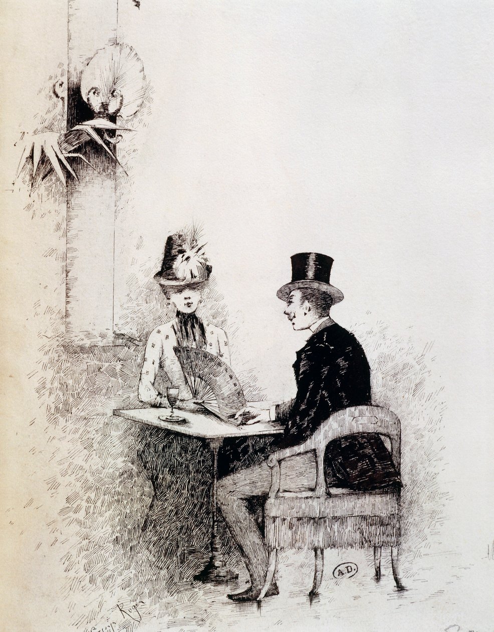 Par i parisisk café (blæk på papir) af Guillaume Georges Roger