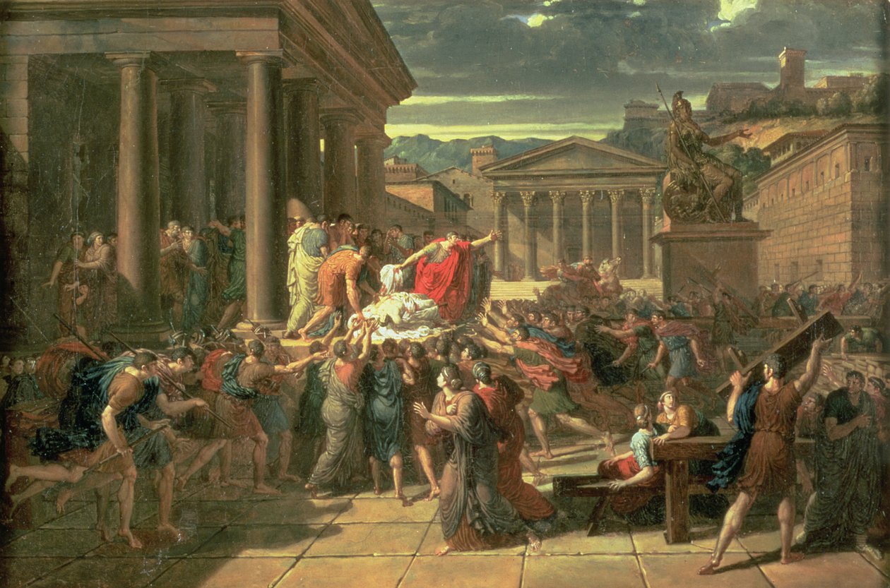 Cæsars død (100-44 f.Kr.) (olie på papir) af Guillaume Guillon Lethière
