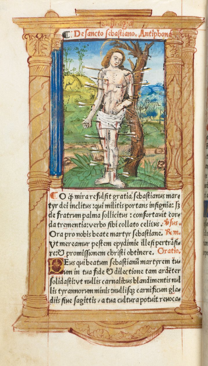 Trykt tidebog (brug af Rom): fol. 102v, Skt. Sebastian af Guillaume Le Rouge