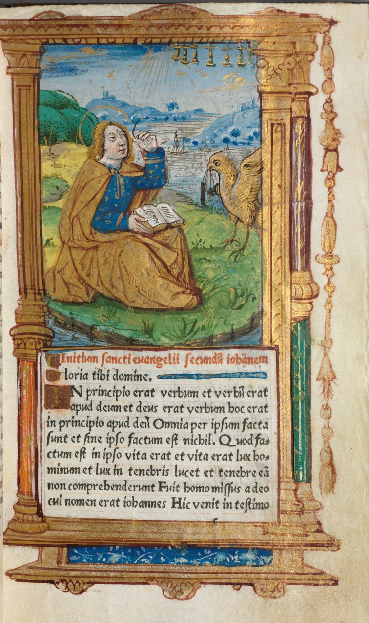 Trykt tidebog (brug af Rom): bl. 17r, Johannes på Patmos af Guillaume Le Rouge