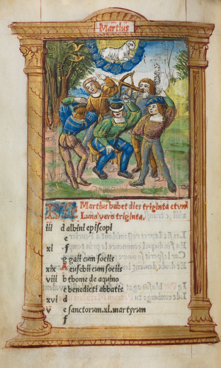 Trykt tidebog (brug af Rom): fol. 4v, illustration af marts-kalender af Guillaume Le Rouge