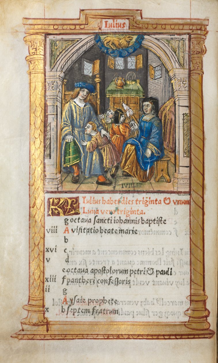 Trykt timebog (brug af Rom): fol. 8v, illustration af juli-kalender af Guillaume Le Rouge