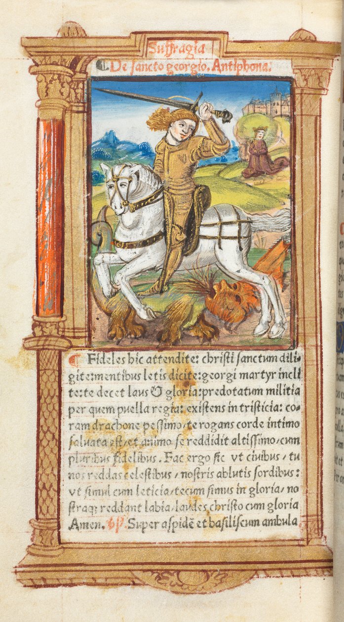 Trykt Timebog Brug af Rom: fol. 103v, St. George Slaying the Dragon, 1510. af Guillaume Le Rouge