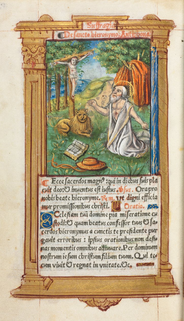 Trykt Timebog Brug af Rom: fol. 107v, Sankt Hieronymus og Løven, 1510. af Guillaume Le Rouge