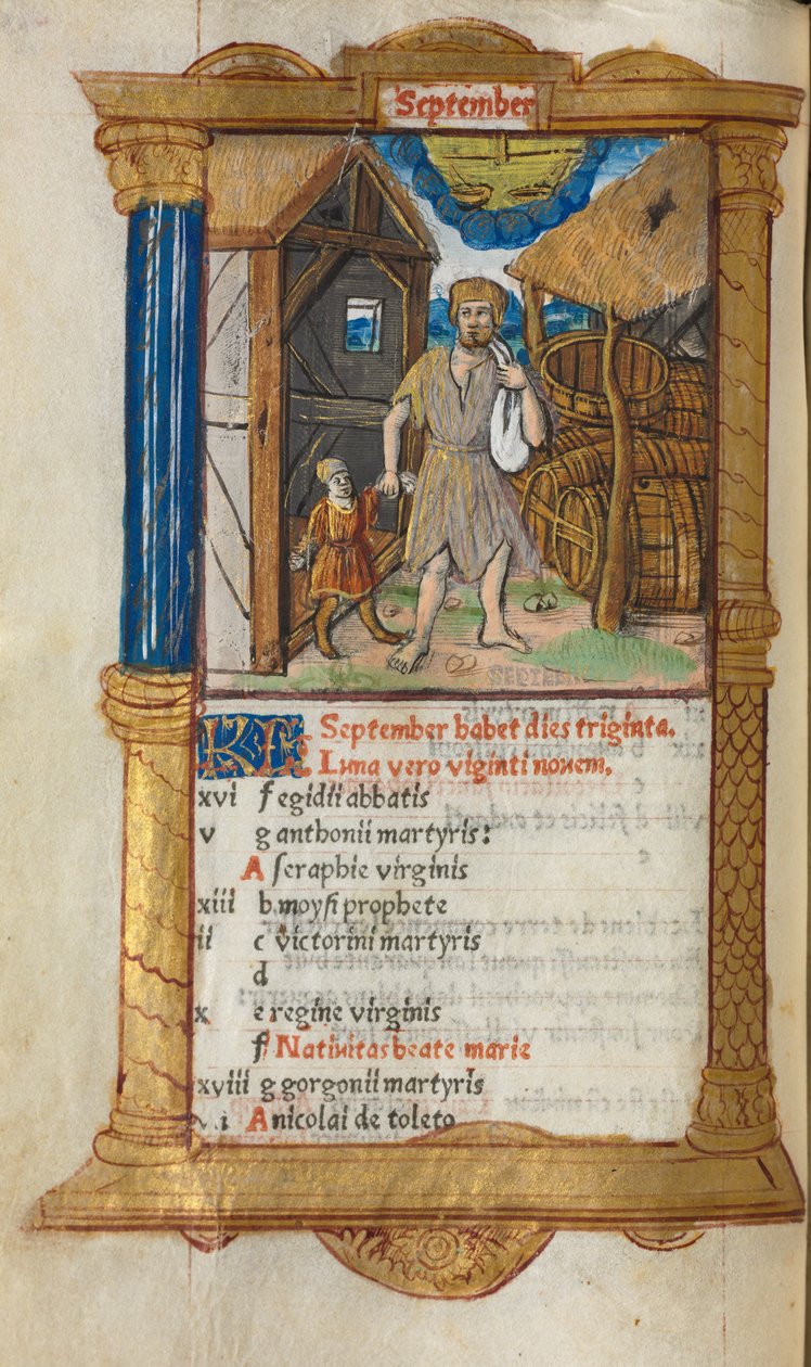 Trykt Timebog Brug af Rom: fol. 10v, september-kalenderillustration, 1510. af Guillaume Le Rouge