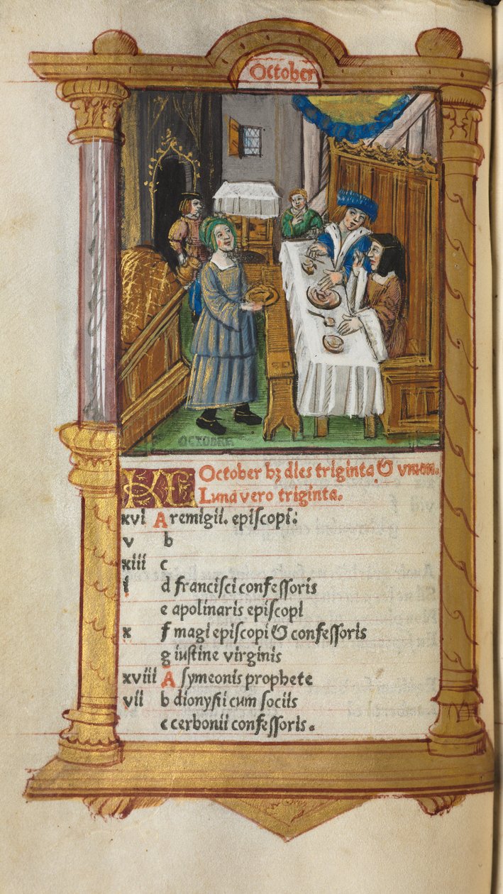Trykt Timebog Brug af Rom: fol. 11v, oktober kalenderside, 1510. af Guillaume Le Rouge