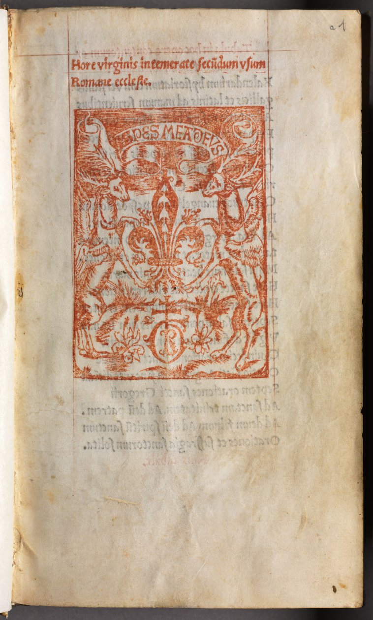 Trykt Timebog Brug af Rom: fol. 1r, Printers Mark, 1510. af Guillaume Le Rouge