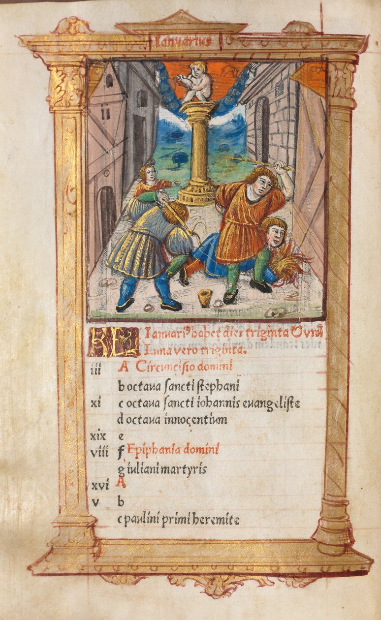 Trykt Timebog Brug af Rom: fol. 2v, januar kalenderillustration, 1510. af Guillaume Le Rouge