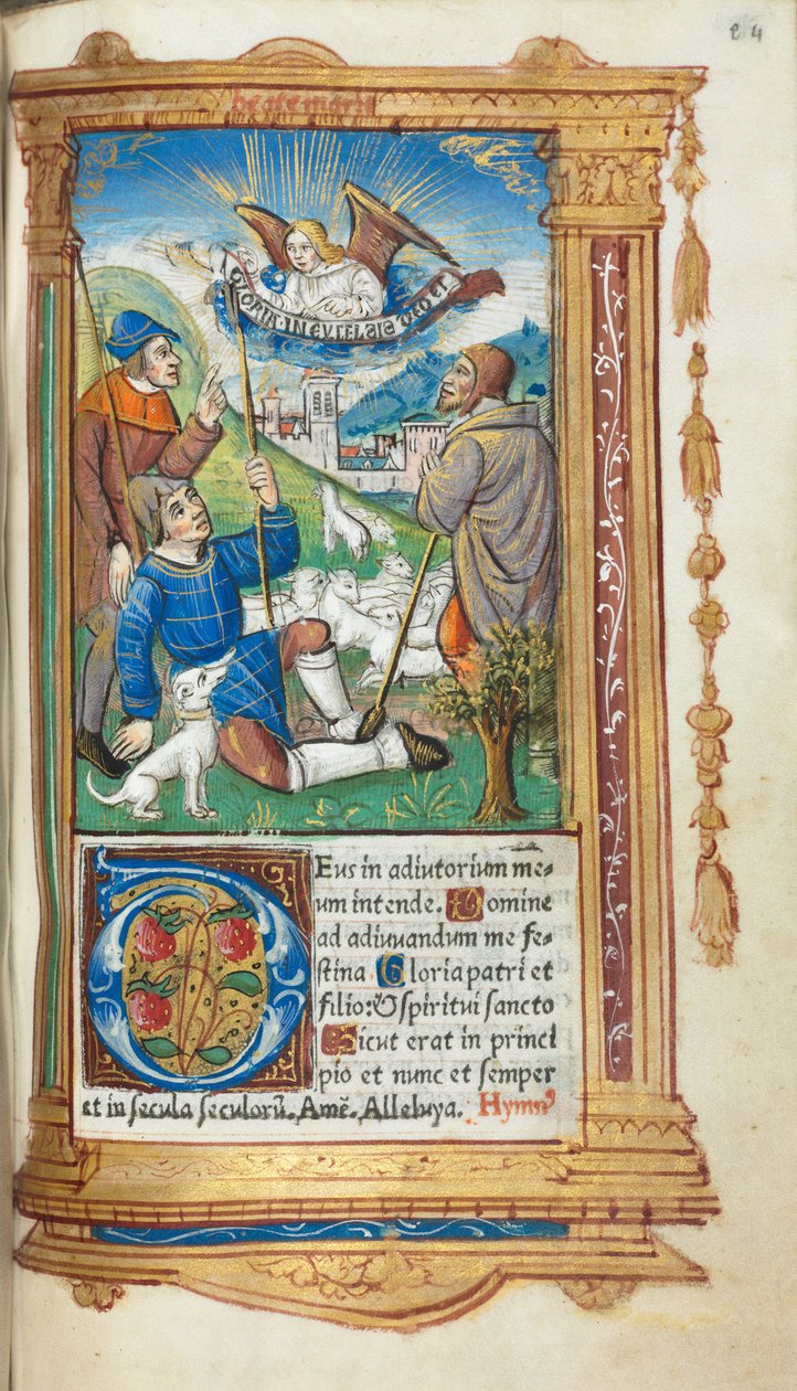 Trykt Timebog Brug af Rom: fol. 36r, Bebudelse til hyrderne, 1510. af Guillaume Le Rouge