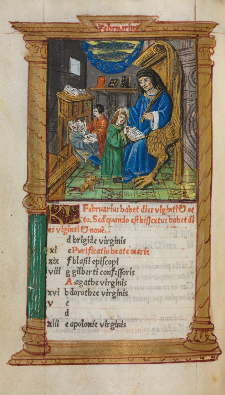 Trykt Timebog Brug af Rom: fol. 3v, februar kalenderillustration, 1510. af Guillaume Le Rouge