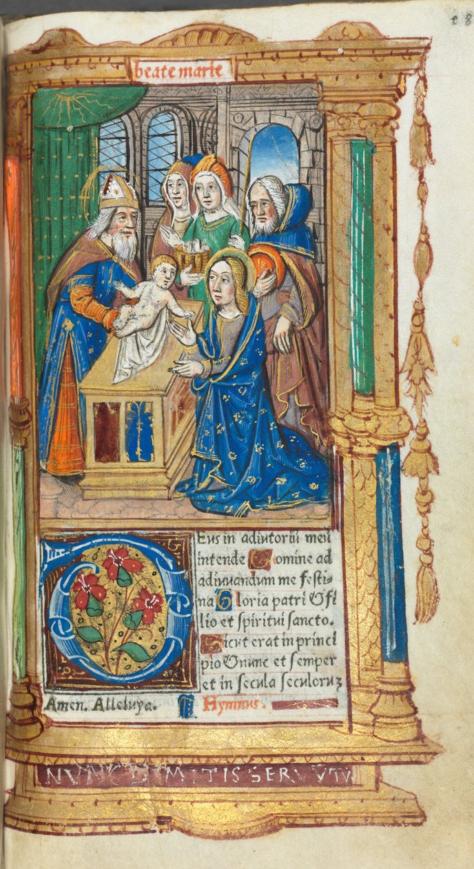 Trykt Timebog Brug af Rom: fol. 40r, Præsentation i templet, 1510. af Guillaume Le Rouge