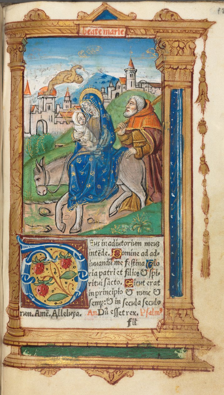 Trykt Timebog Brug af Rom: fol. 42r, Flight into Egypt, 1510. af Guillaume Le Rouge