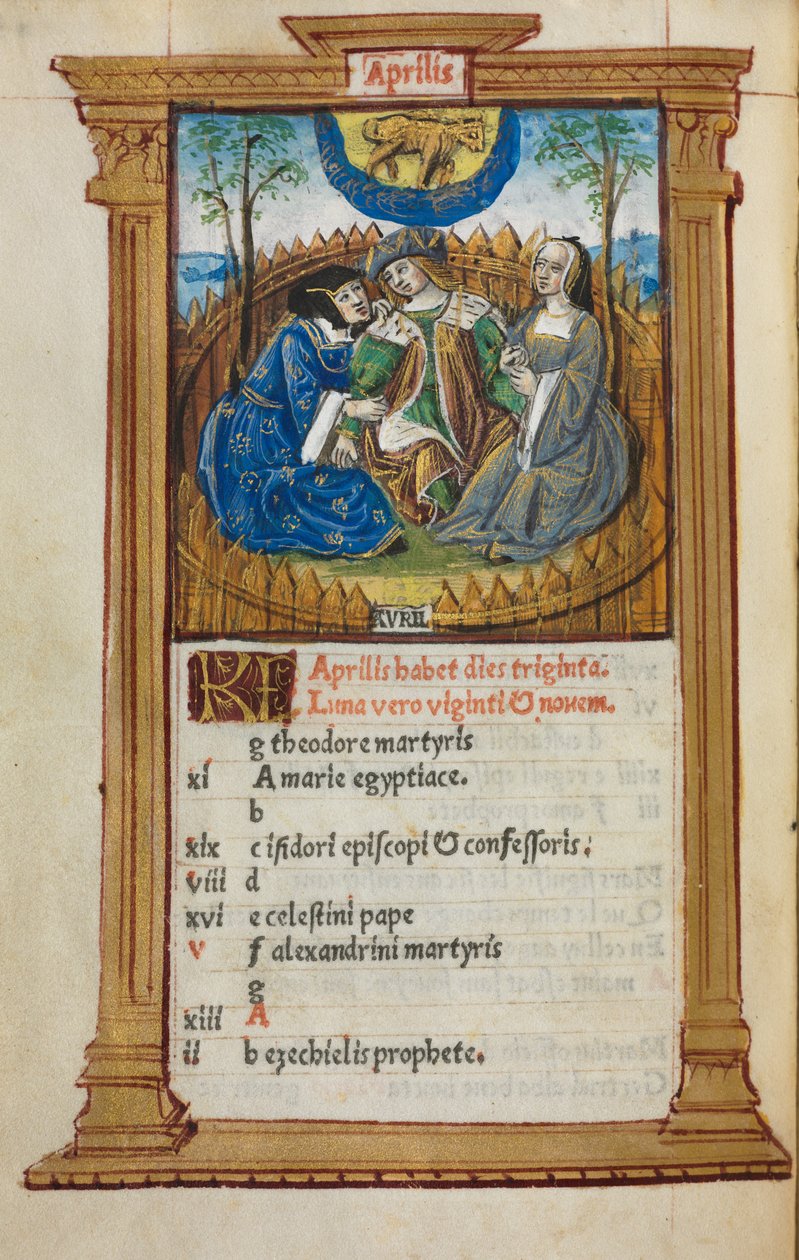 Trykt Timebog Brug af Rom: fol. 5v, april kalenderillustration, 1510. af Guillaume Le Rouge