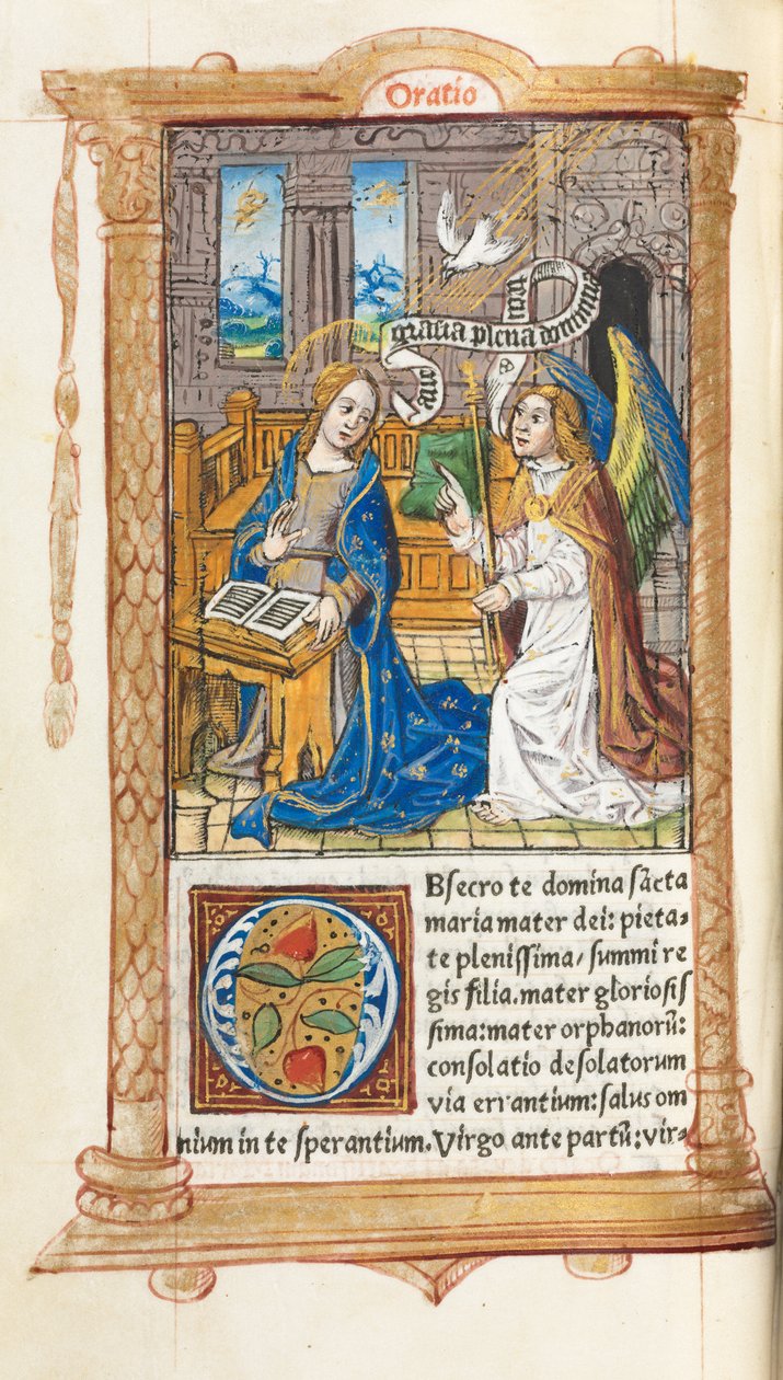 Trykt Timebog Brug af Rom: fol. 60v, Bebudelsen, 1510. af Guillaume Le Rouge