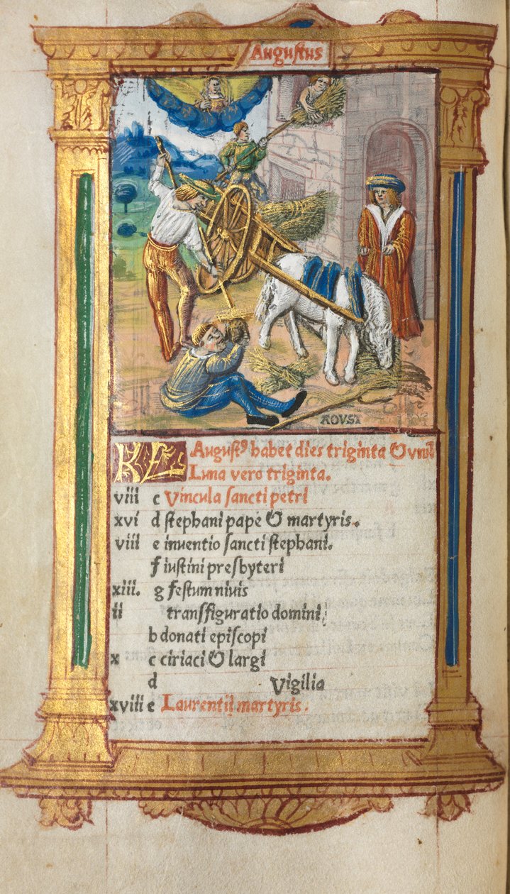 Trykt Timebog Brug af Rom: fol. 9v, august kalenderillustration, 1510. af Guillaume Le Rouge