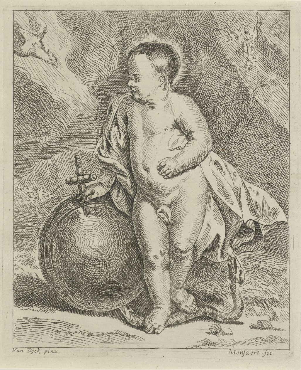 Kristusbarn med globus og slange af Guillaume Pierre Mensaert