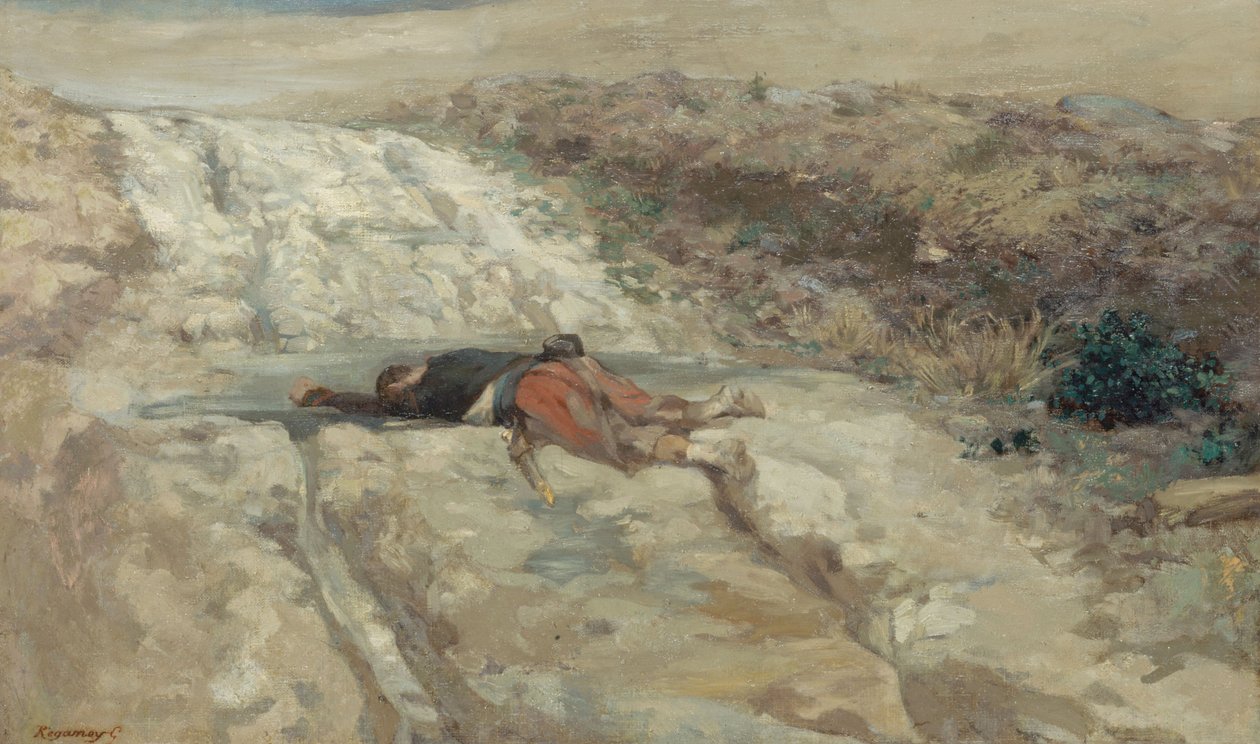 Scene fra krigen i 1870: død soldat på en slagmark, ca. 1870 (olie på lærred) af Guillaume Regamey