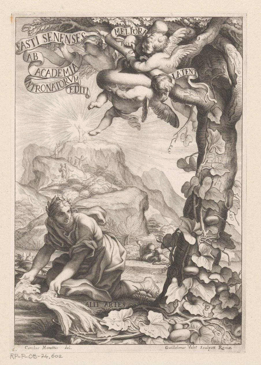 Allegorisk fremstilling af en anerkendt kvinde, der vander et kalabastræ; i baggrundsfigurerne bestiger et bjerg Titelside for: Giovanni Baptista Ferrari, Fasti Senenses, Ab Academia Intronatorum Editi, 1661 af Guillaume Vallet
