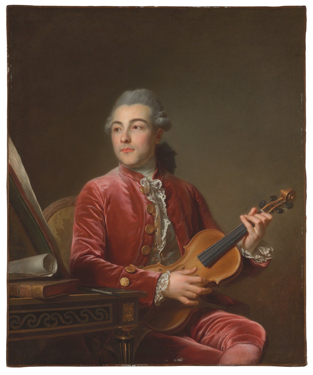 Portræt af en gentleman, halvlang, siddende i en rød fløjlsjakke med en violin (olie på lærred) af Guillaume Voiriot