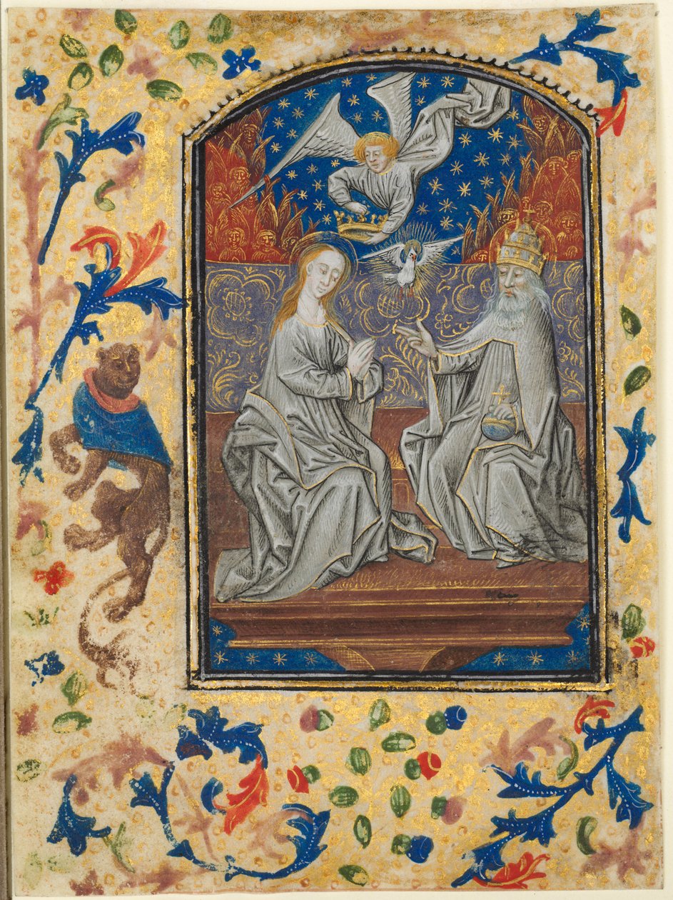 Blad fra en timebog: Jomfru og barn på tronen, ca. 1470-1480. af Guillaume Vrelant