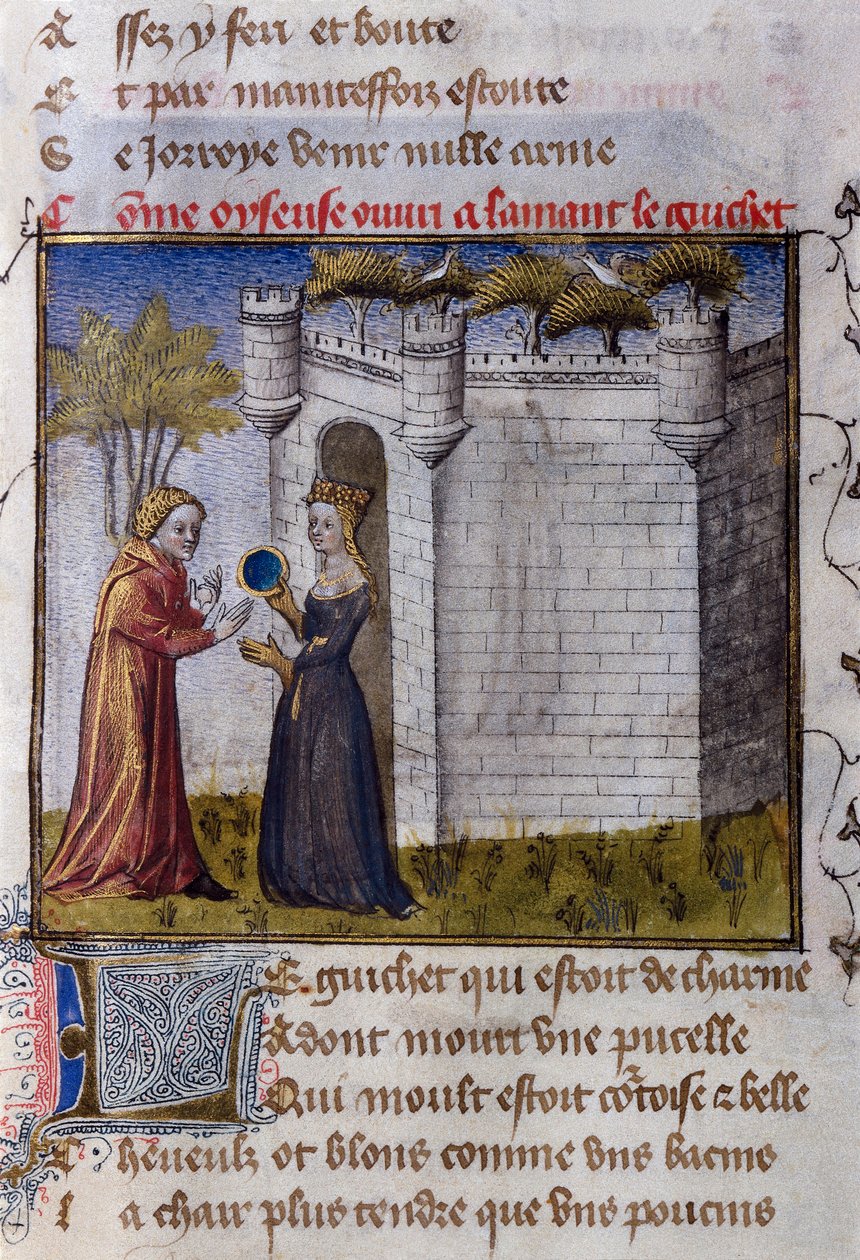 En galant scene mellem to elskende: Pigen inviterer sin elsker til at komme ind. Miniature fra "" Le Romanesque de la Rose "" af Guillaume de Lorris af Guillaume de Lorris
