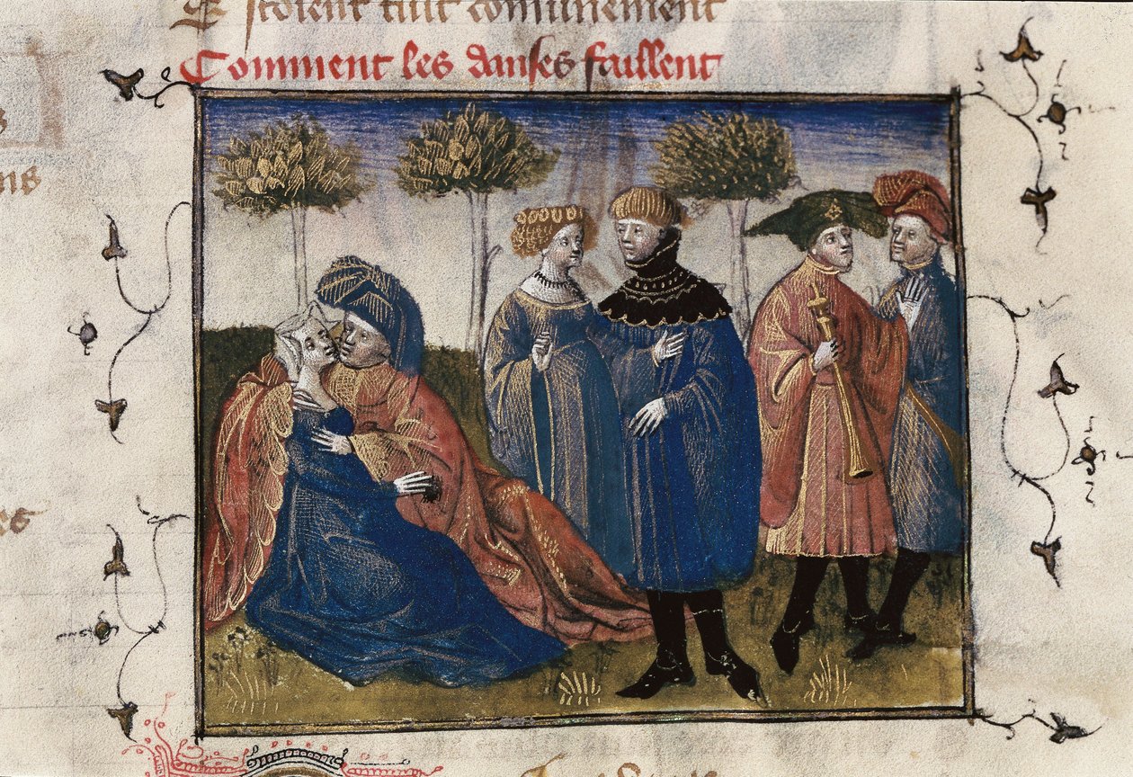 En galant scene af hoffolk, miniature i "Roman de la Rose" af Guillaume Lorris af Guillaume de Lorris