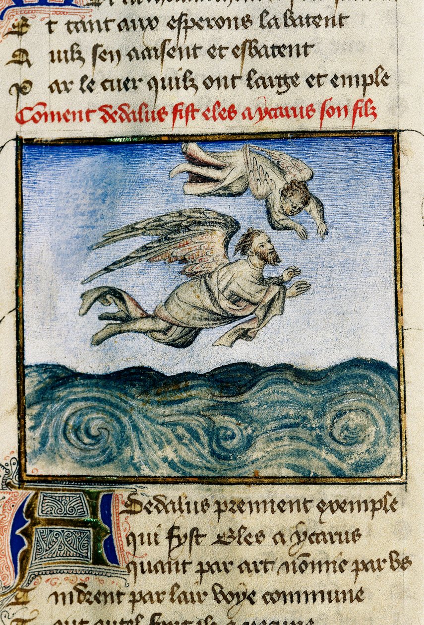 "" Dedale og Icarus "" (Icarus og Daedalus) For at flygte til Minos presser Dedale sin søn Icarus til at flyve væk takket være hans voksvinger. Miniature af Guillaume Lorris fra manuskriptet "" The Roman of the Rose "" af Guillaume de Lorris
