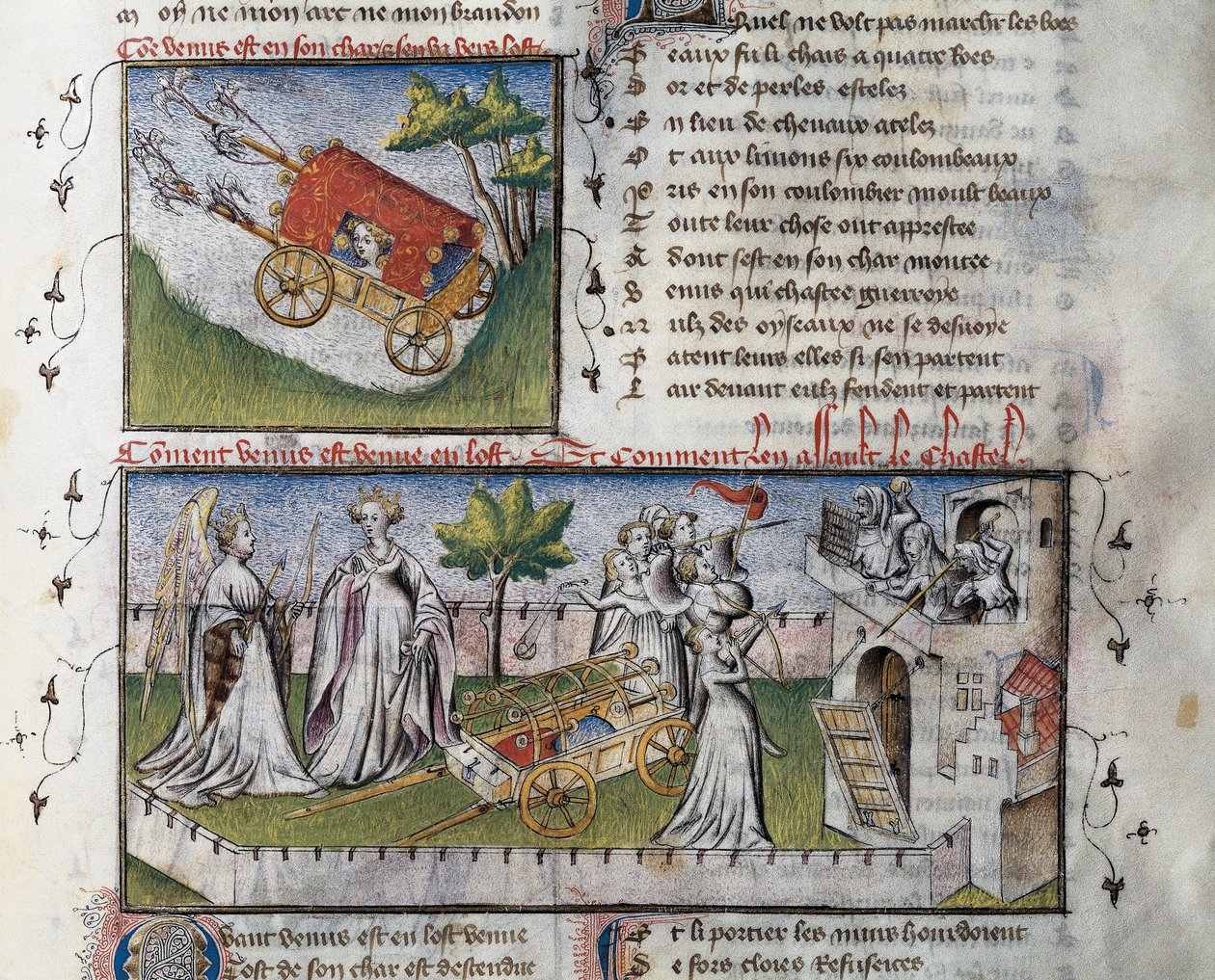Hvordan Venus ankommer og stormede slottet bygget af jalousi, Miniature af Guillaume Lorris fra manuskriptet Le Romanesque de la Rose, af Guillaume de Lorris