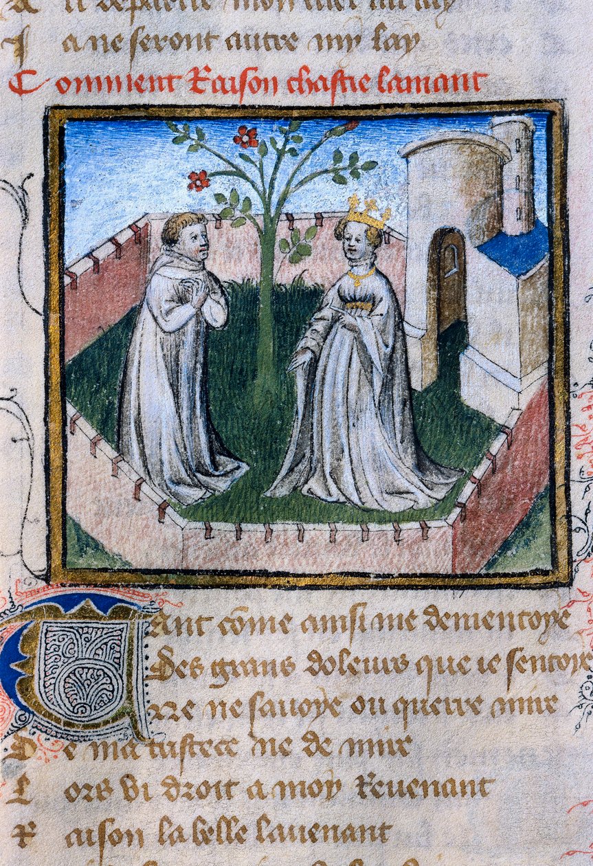 Repræsentation af et par elskere nær en rose, miniature i "Roman de la Rose" af Guillaume de Lorris