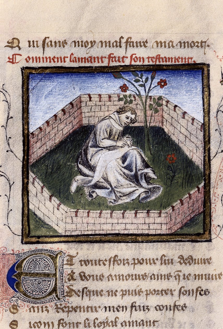 Repræsentation af en forelsket ung dreng i glædens have, der opdager Narcissus-fontænen, miniature i "Roman de la Rose" af Guillaume Lorris af Guillaume de Lorris