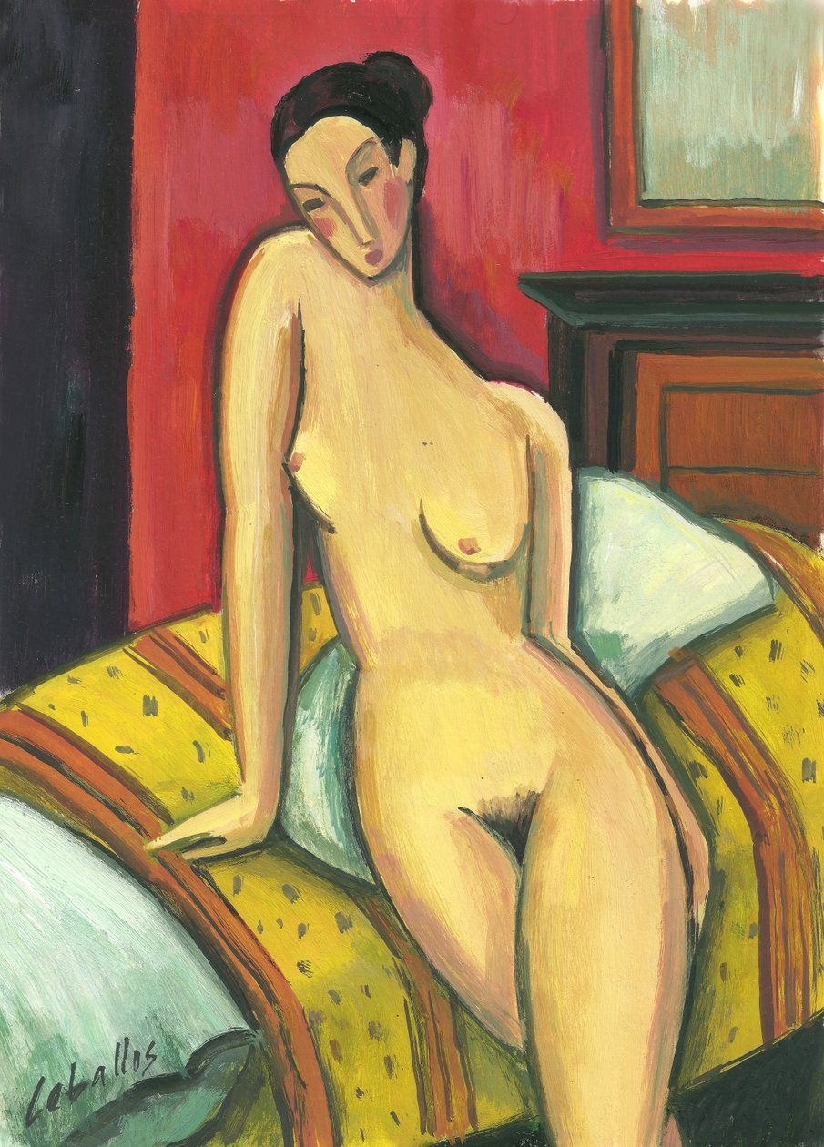 Nøgen, der læner sig op ad sengen, 2010 (gouache på papir) af Guillermo Martí Ceballos