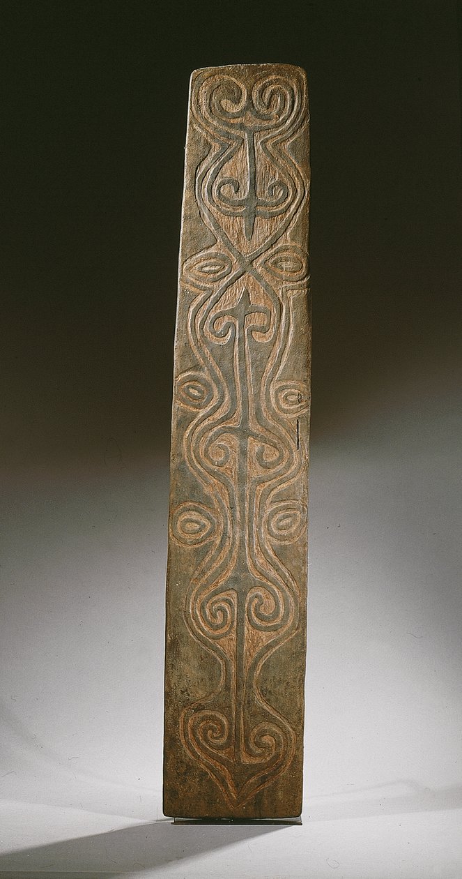 Rektangulært New Guinea-skjold, dekoreret med udskårne ruller i relief, bagsiden med seks udskårne ører til at holde rattan-løkker, April River (træ) af Guinean New