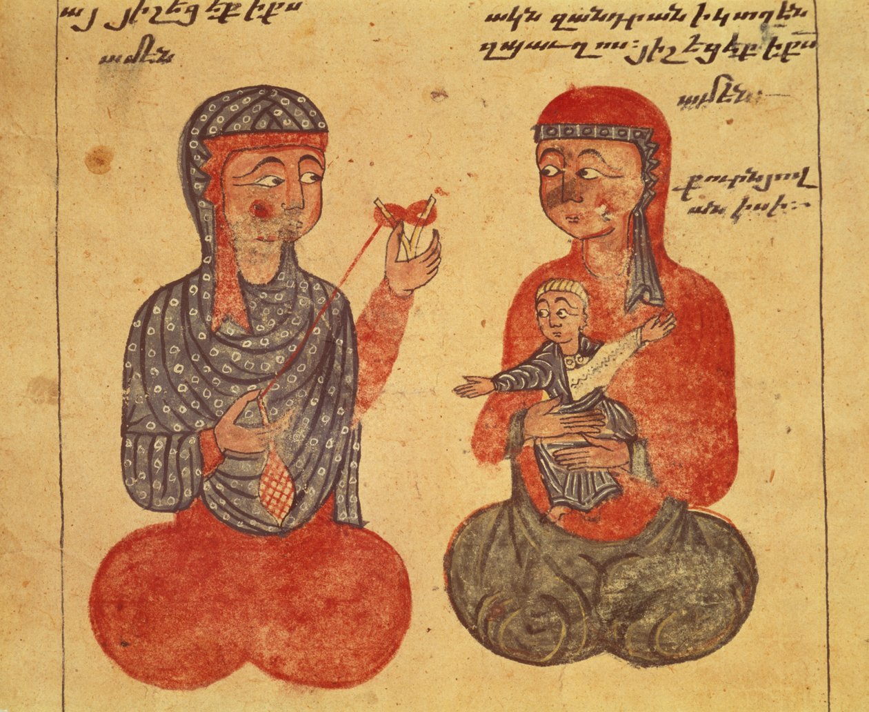 Ms 481 fol.10r Ovanes søster og hendes følger spinder uld, fra et evangelium af Guirages