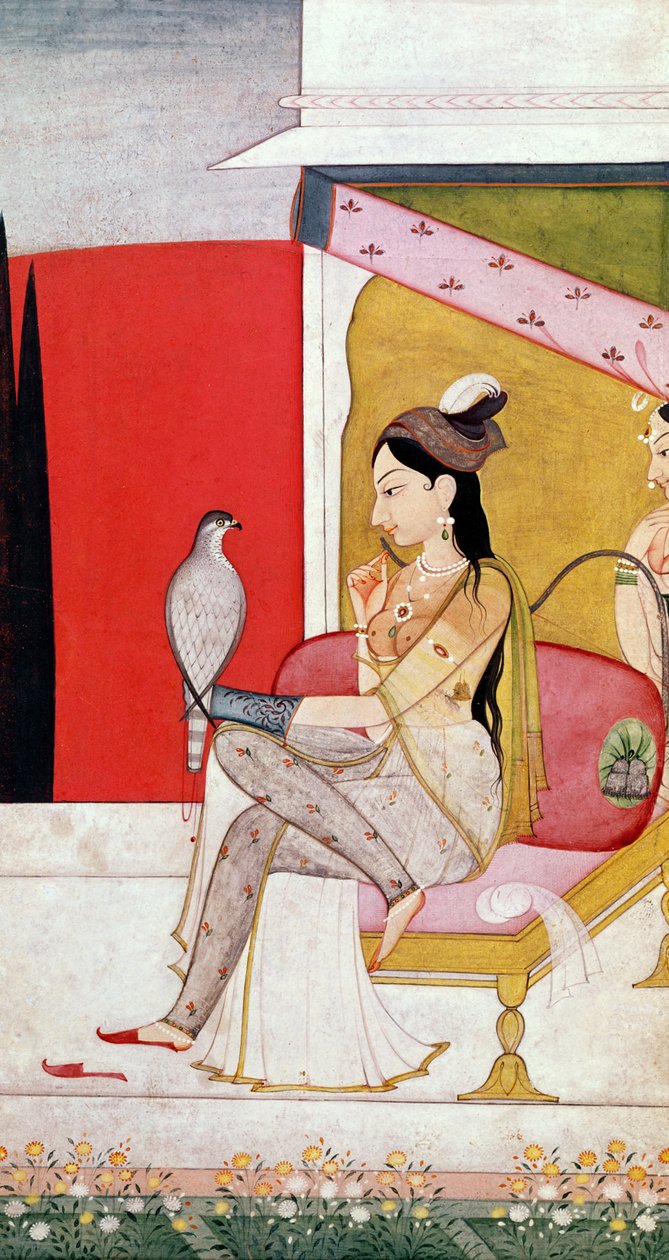 Lady with a Hawk, Pahari Style, Punjab Hills, ca. 1750 (maling på papir) af Guler School